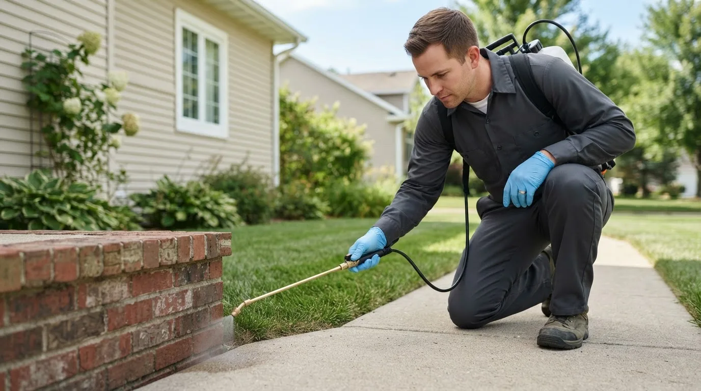 Pest control technician treating a home near Fremont, MI
