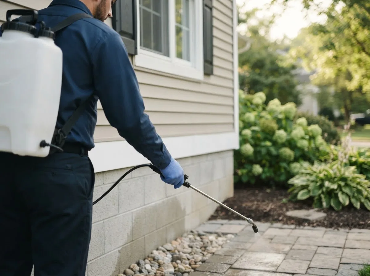 Pest control technician inspecting a home in Fremont, MI